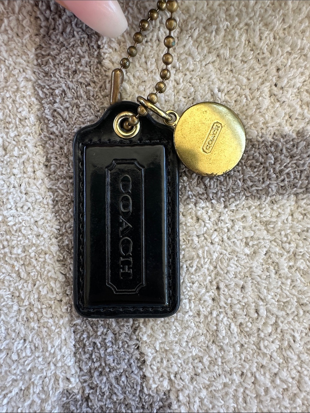 Coach Black Leather Tag Keychain with Brass Accents vintage!!! Y2K tag coach